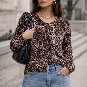 H&M Basic Leopard Print Black White Cotton Button Front Sweater